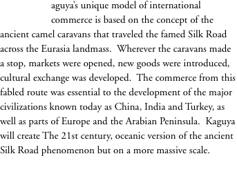 	aguya’s unique model of international  	commerce is based on t